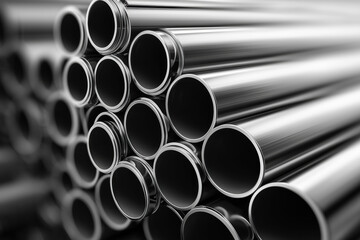 Shiny stainless steel pipes neatly stacked in a tight bundle with high contrast lighting for industrial use.

