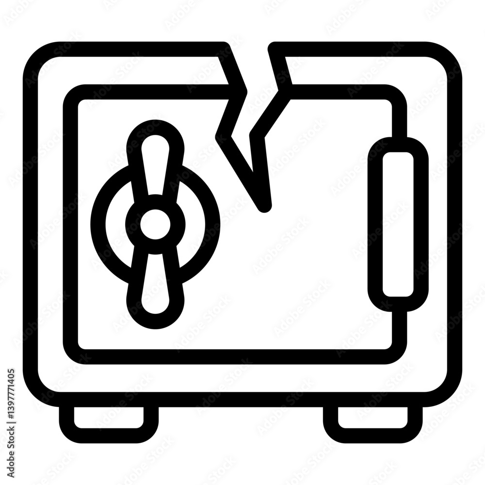 Poster unsecure metal safe with crack line icon, hacker attacks concept. vector graphics. safe bank vault w