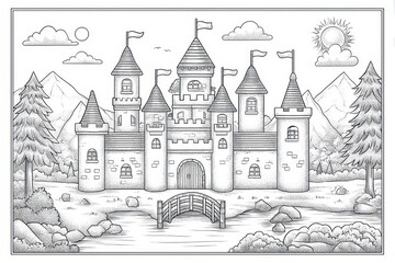 Fototapeta premium Black and White Illustration of a Grand Castle in a Simple Landscape