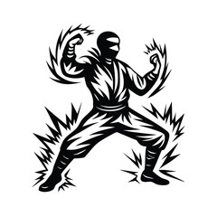 Man in Martial Arts Stance, Punching, Concentrated, Isolated, Black and White Silhouette