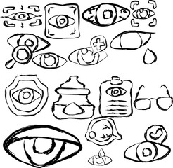 Eye Exam icons collection in doodle style. hand drawn icons of eye irritation, results, scan, sunglasses, eye fatigue, eye drops