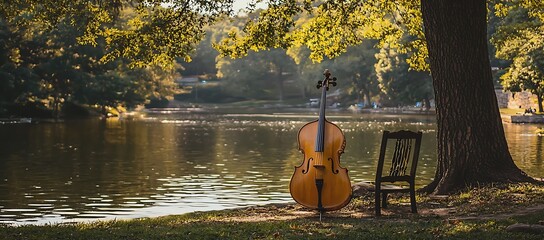 A cello stands next to a chair by a peaceful lake outdoors