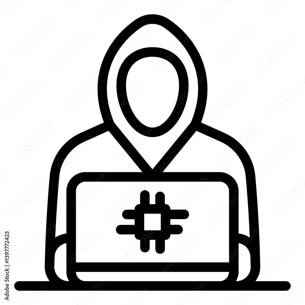 Poster hacker working at laptop line icon, hacker attacks concept. vector graphics. it specialist man with 