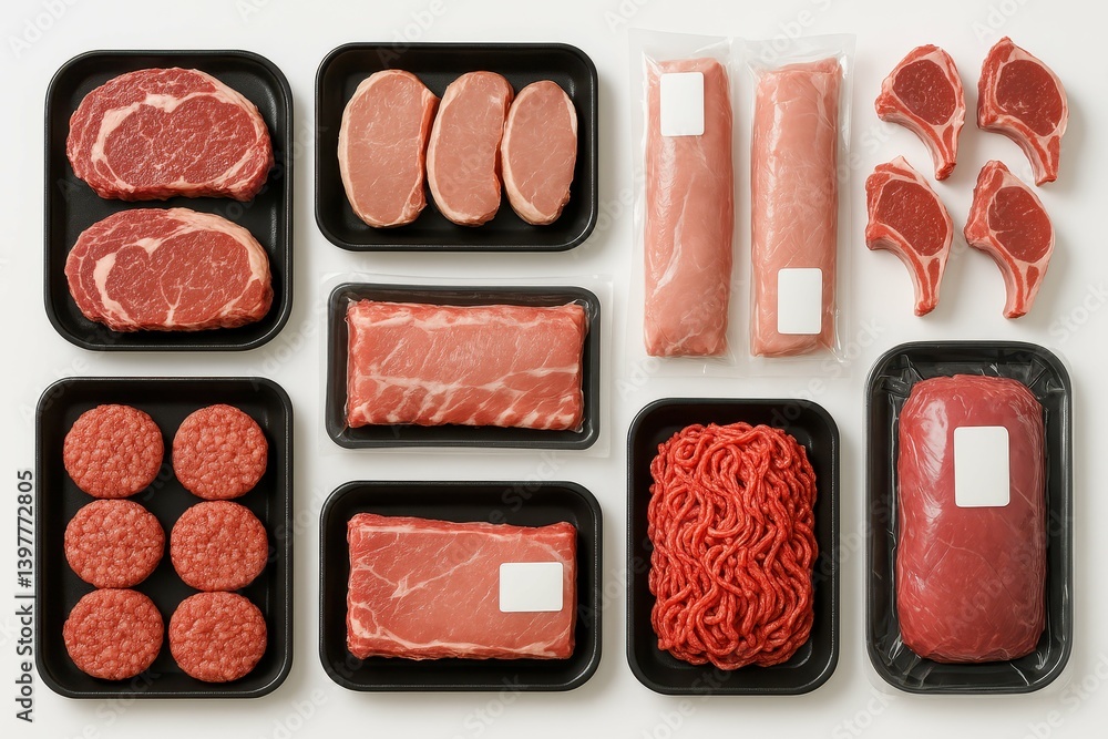 Poster modern butcher display with fresh cuts of meat in simple layout