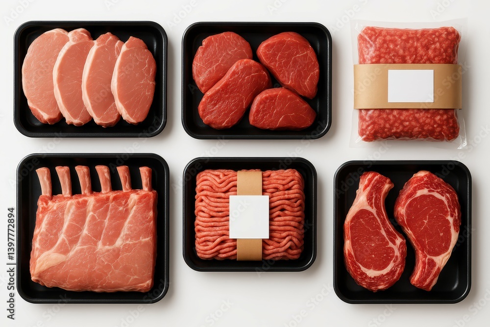 Poster modern butcher display of fresh meats in simple packaging