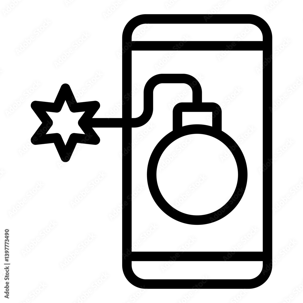 Poster smartphone screen with bomb line icon, hacker attacks concept. vector graphics. phone and grenade bo