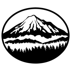 Majestic Mountain Peak in a Circular Design Featuring a Snowy Summit and Lush Evergreen Forest
