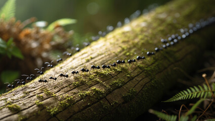 Ants Marching Single File On Mossy Log In Lush Forest Environment