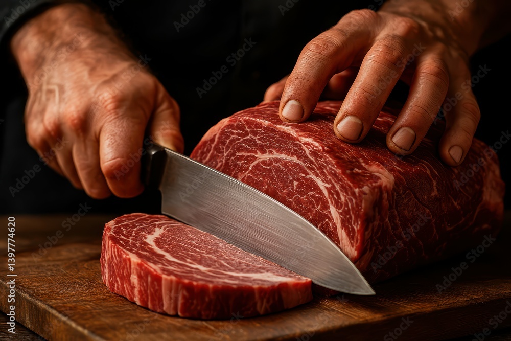 Aufkleber expert butcher slicing meat with precision in a simple setting