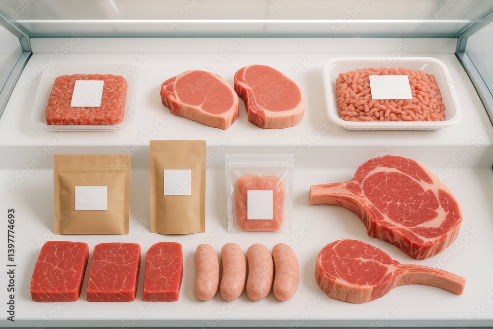 Poster modern butcher display of fresh meats and sausages in simple layout
