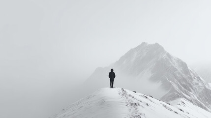 A solitary figure stands on a snowy ridge, gazing at distant mountains shrouded in mist, evoking a sense of isolation and tranquility in a winter landscape.
