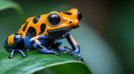Fototapeta premium Vibrant orange and blue poison dart frog perches on a lush green leaf. Striking colors and intricate black spots create a captivating close-up