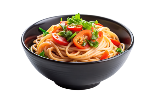 Delicious noodles in a black bowl on transparent background - Powered by Adobe