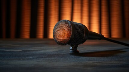 Obraz premium Spotlight on a microphone, centered on a textured stage. A blurred curtain backdrop creates depth and a sense of anticipation