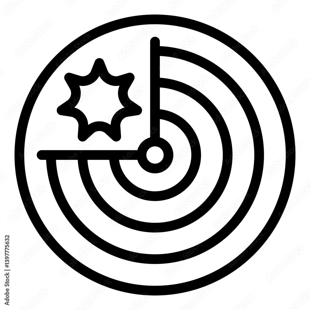 Poster radar with explosion shape line icon, hacker attack concept. vector graphics. radar of virus detecti