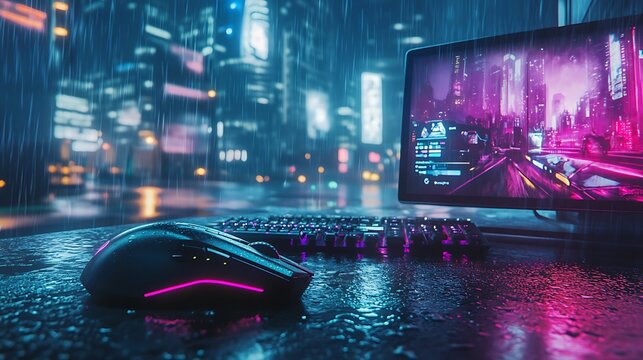 A vibrant gaming setup with a glowing keyboard and mouse on a rain-soaked surface, illuminated by neon lights from an urban cityscape in the background, creating a futuristic atmosphere