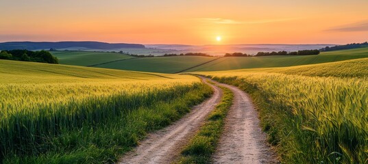 Fototapeta premium Stunning sunset over south downs fields with dirt road and lush wheat on either side