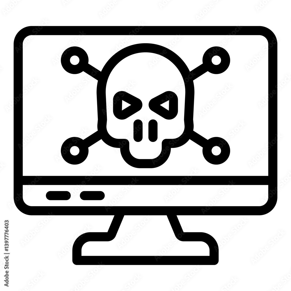 Poster monitor with skull and bones line icon, hacker attacks concept. vector graphics. infected by virus, 