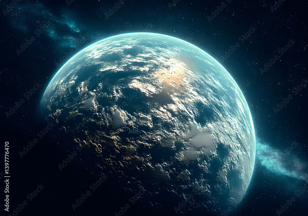 Wall mural blue earth in space and galaxy. globe with outer glow ozone and white cloud. space planet and atmosp