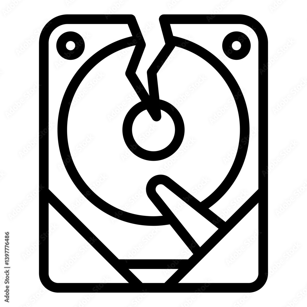 Poster hard disk drive breakdown line icon, hacker attacks concept. vector graphics. data loss, crack on st