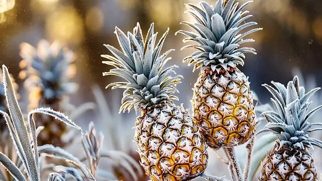 Frosty pineapples in a sunlit field