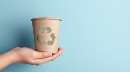 A hand holds a biodegradable cup with a recycling symbol against a light blue background, emphasizing eco-friendly practices and sustainability.