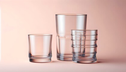 Set of clear glass tumblers with minimal stackable design isolated on pastel background for lifestyle photography