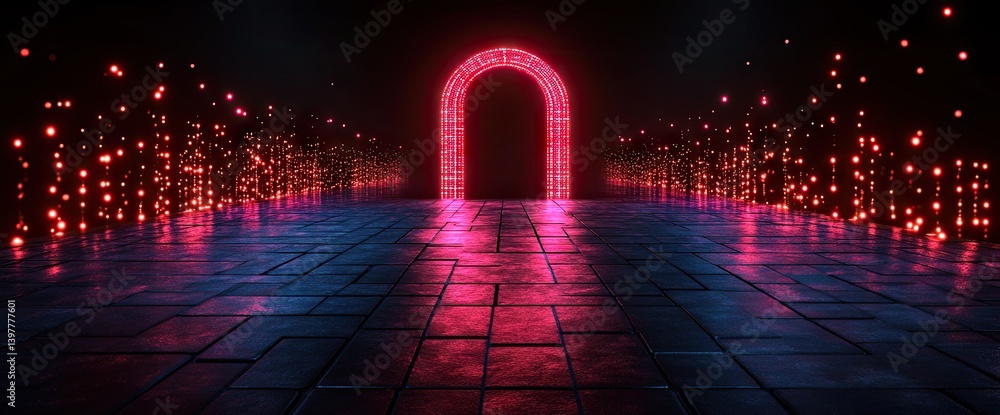 Poster neon portal on tiled floor with floating red lights in the dark