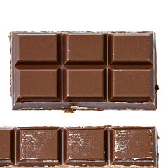 a close-up view of two rectangular chocolate bars divided into individual squares against a plain white background.