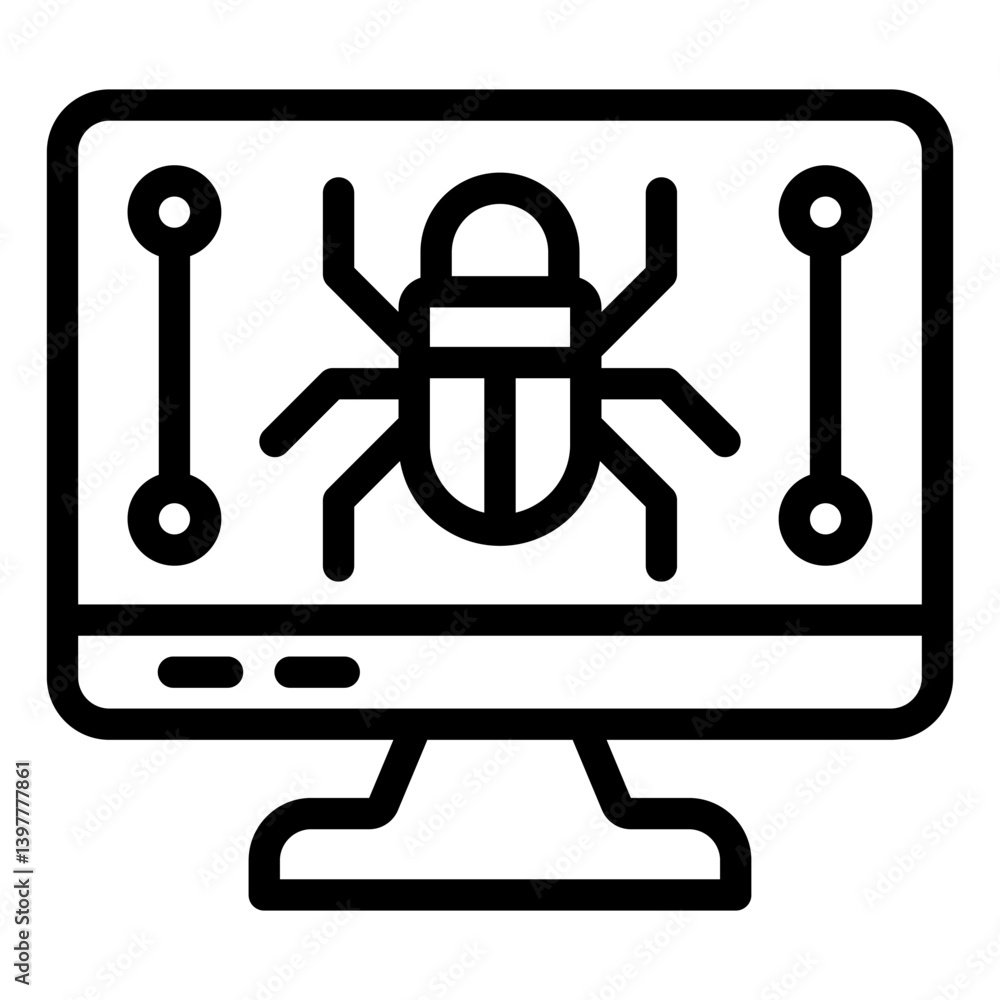 Poster monitor screen and beetle line icon, hacker attacks concept. vector graphics. display with bug, comp