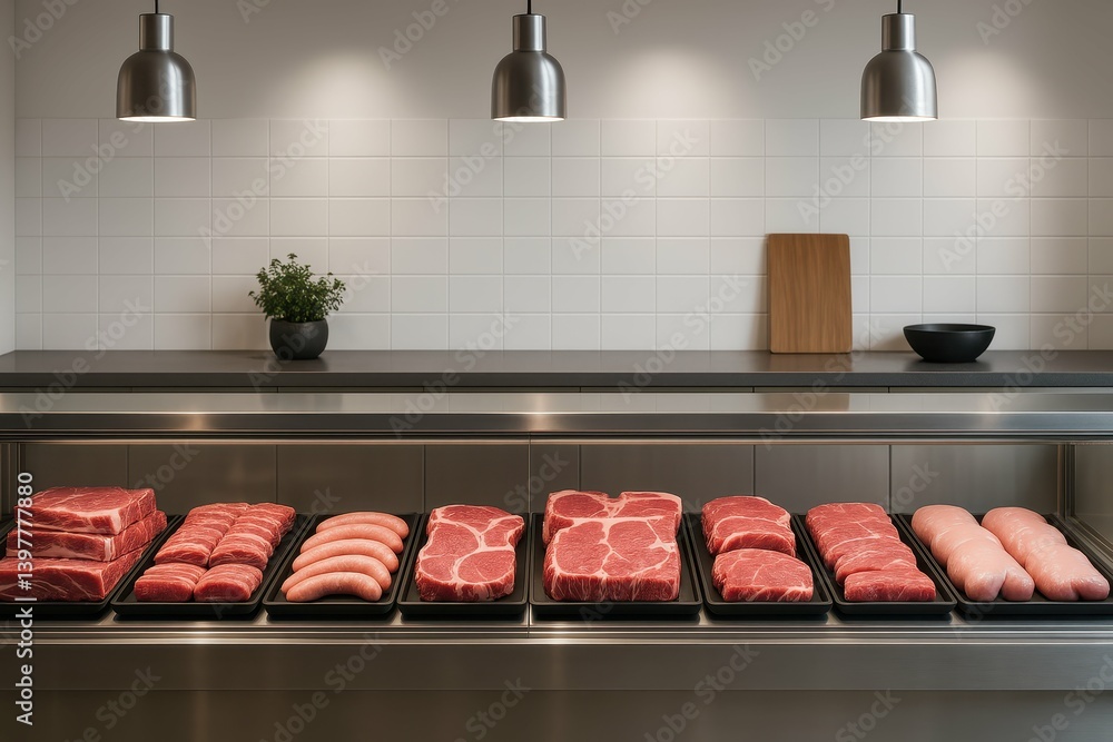 Poster modern butcher display of fresh meat cuts in simple design environment