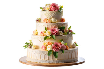 Delicious multi layered decorated wedding cake isolated on transparent background