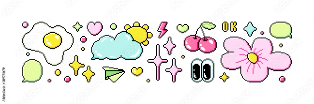 Poster set of pixel art dialogue box and retro game style elements. speech bubbles in the mood of 90's aest
