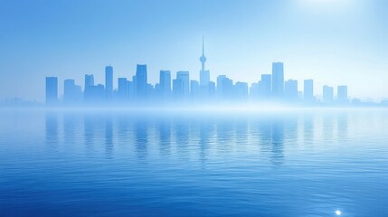 Fototapeta premium Misty city skyline reflected on calm water
