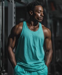 Fototapeta premium young fitness male trainer standing confidently in a bright turquoise workout outfit 