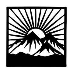 Stunning Sunrise over Majestic Mountains Black and White Graphic Art Illustration