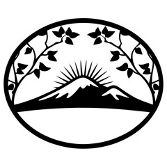 Sunrise Mountain Landscape in Oval Frame with Elegant Branches and Leaves