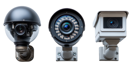 Three distinct types of security cameras positioned side by side against a plain backdrop, showcasing their unique designs and features