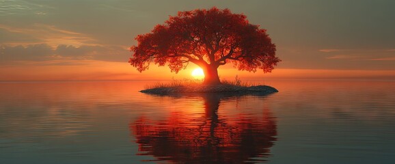 Obraz premium Solitary red tree on a tranquil island at sunset