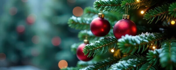 Obraz premium Classic green fir, ornaments, lights, snowy branches, merry, bright