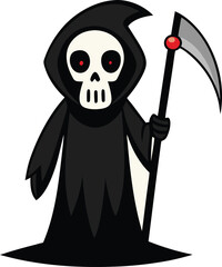 Scary grim reaper with black robe and scythe. Death character in flat vector style, perfect for Halloween and horror themes.