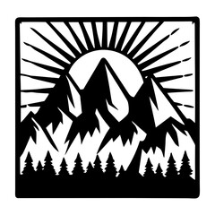 Majestic Mountain Peak Sunrise Landscape with Pine Trees in a Black and White Graphic Illustration