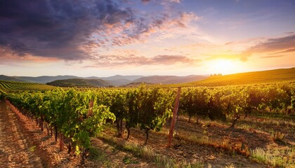 Fototapeta premium Landscape of grape fields at sunset