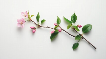 Close up of a branch with pink blossoms and green leaves isolated on a white background