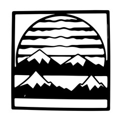 Stunning Black and White Mountain Sunset Landscape Illustration in a Square Frame