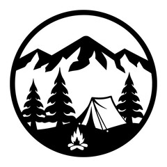 Majestic Mountain Camping Scene with Campfire and Pine Trees