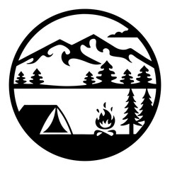 Camping Adventure in Mountainous Landscape with Tent and Campfire