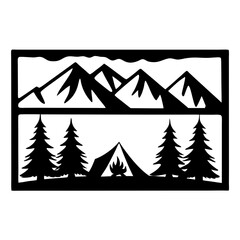 Majestic Mountain Camping Scene with Silhouetted Trees and Campfire