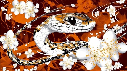 A snake entwined with blossoms in an artistic floral pattern.