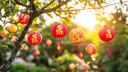 Red and gold chinese lanterns hanging from a tree.